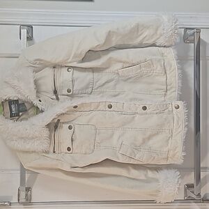 Cream colored corduroy jacket with fur trim